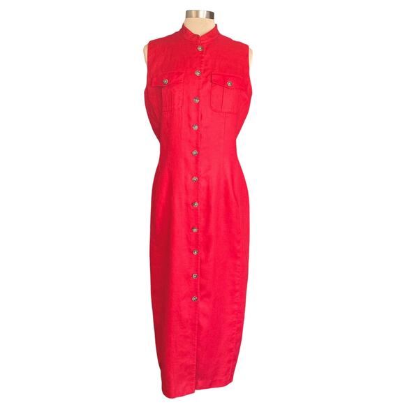Embassy Row Pure Linen Red Sleeveless Maxi Shirt Dress Sz 10 Mandarin Collar - Picture 1 of 9